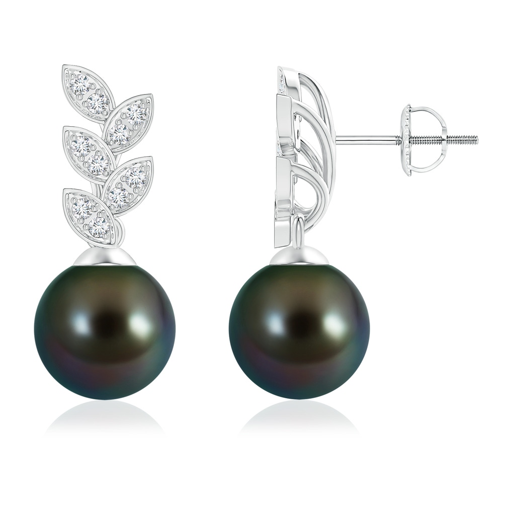 9mm AAAA Tahitian Pearl & Diamond Leaf Earrings in White Gold