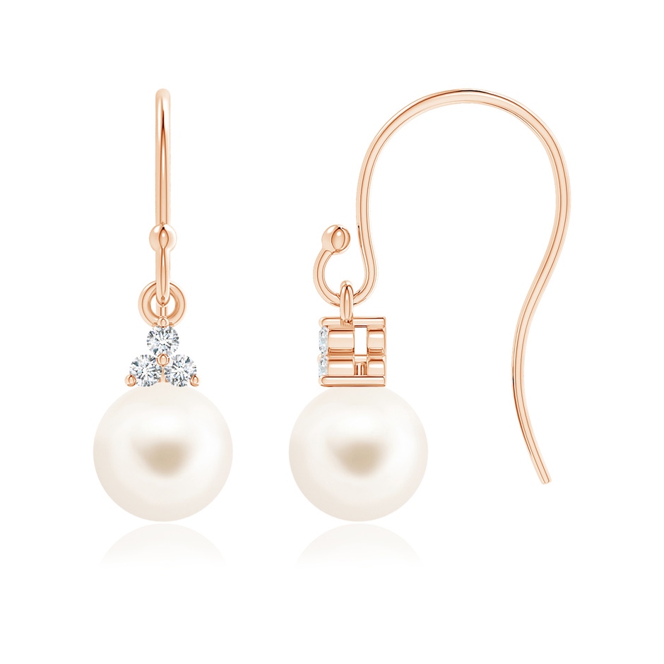 6mm AAA Freshwater Pearl & Diamond Trio Drop Earrings in Rose Gold 
