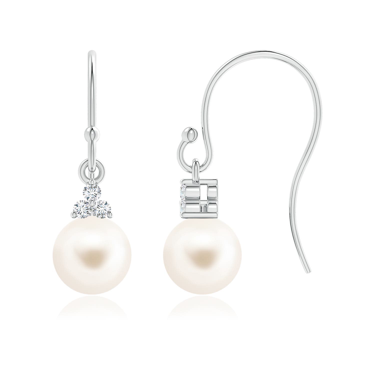 6mm AAA Freshwater Pearl & Diamond Trio Drop Earrings in White Gold