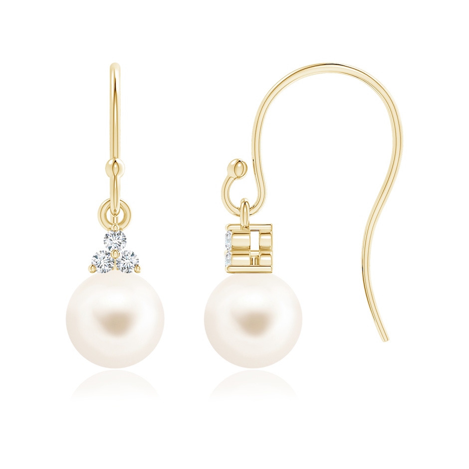 6mm AAA Freshwater Pearl & Diamond Trio Drop Earrings in Yellow Gold 