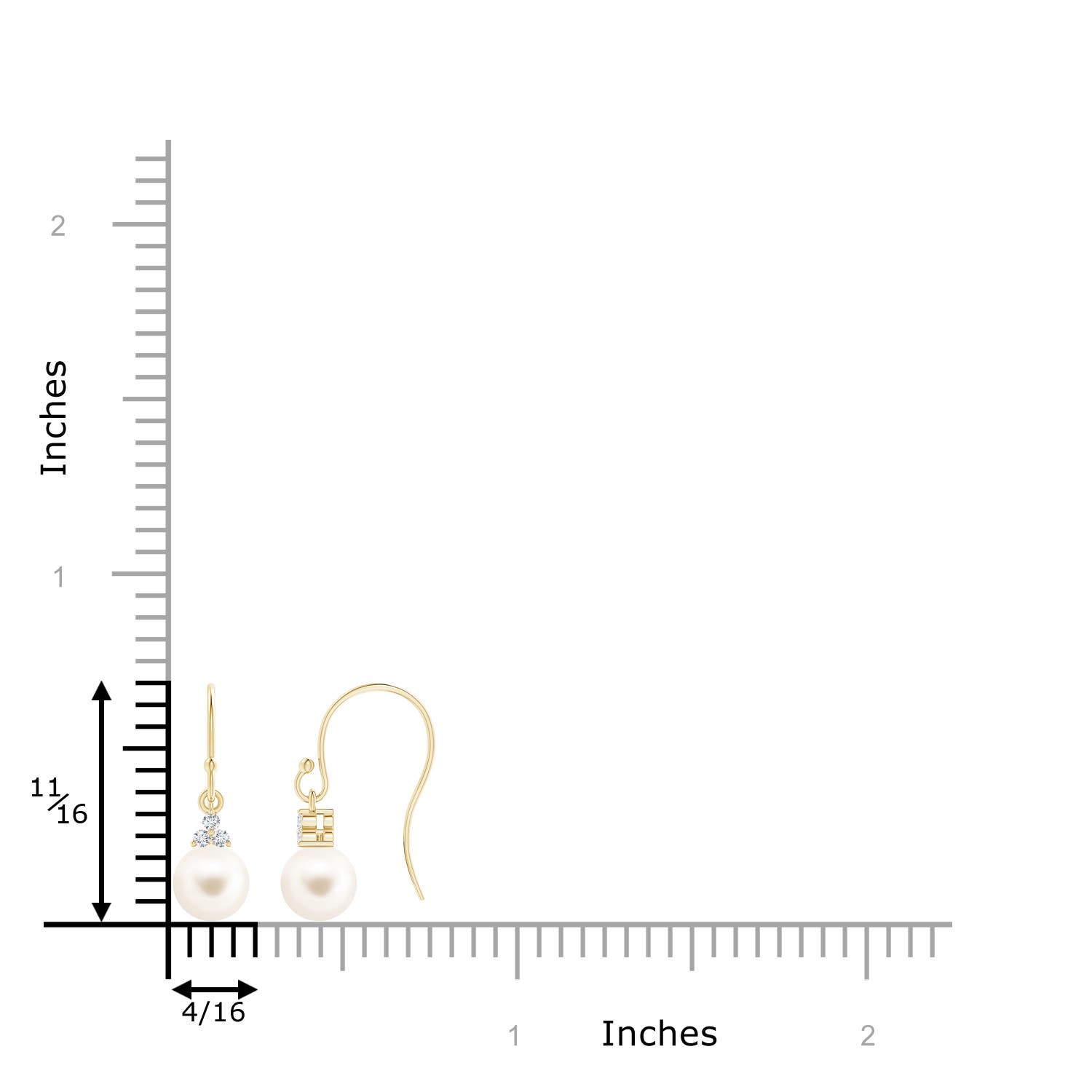 6mm AAA Freshwater Pearl & Diamond Trio Drop Earrings in Yellow Gold - ruler