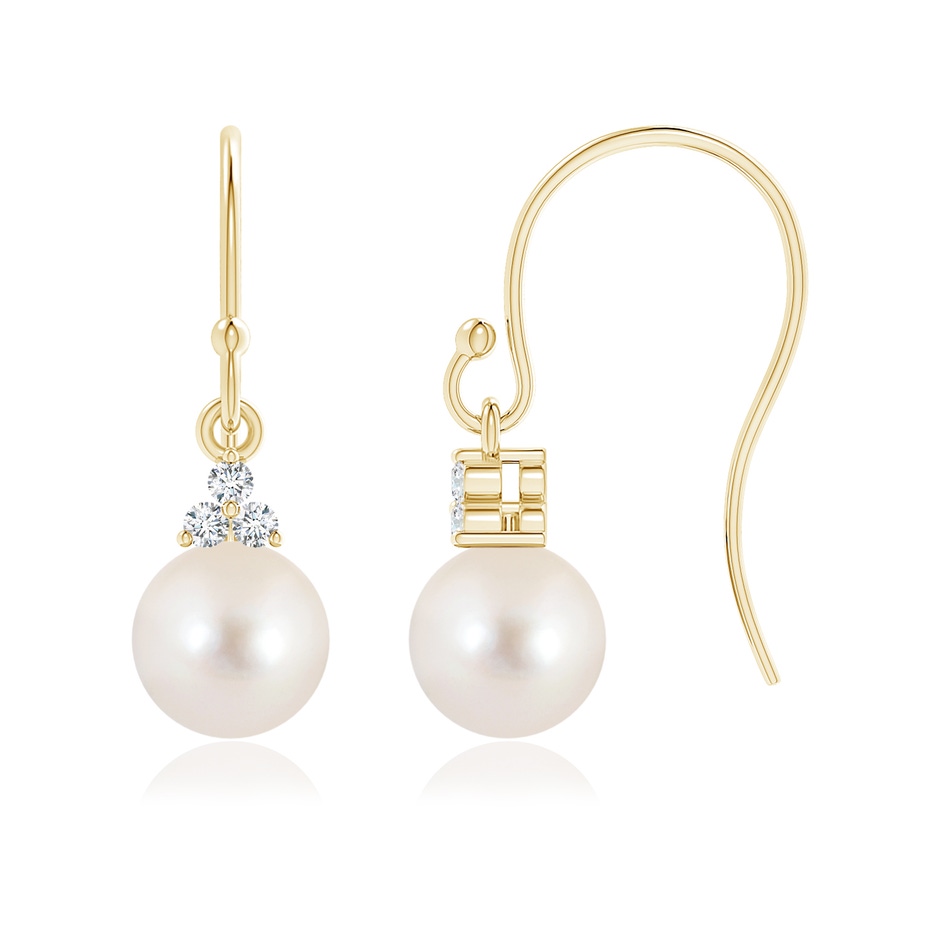 6mm AAAA Freshwater Pearl & Diamond Trio Drop Earrings in Yellow Gold 