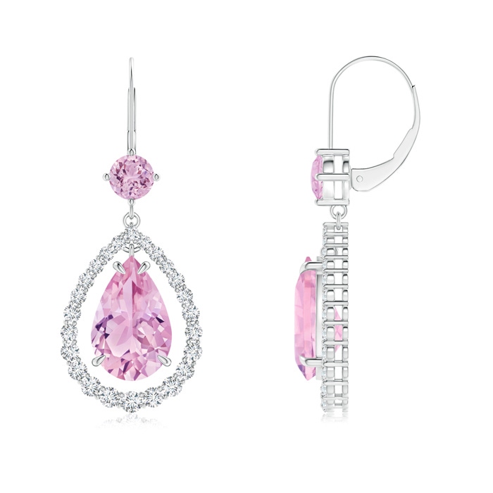 14x9mm AAA Floating Pear Kunzite Halo Drop Earrings with Diamonds in White Gold 