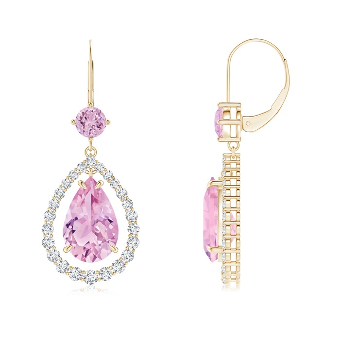 14x9mm AAA Floating Pear Kunzite Halo Drop Earrings with Diamonds in Yellow Gold