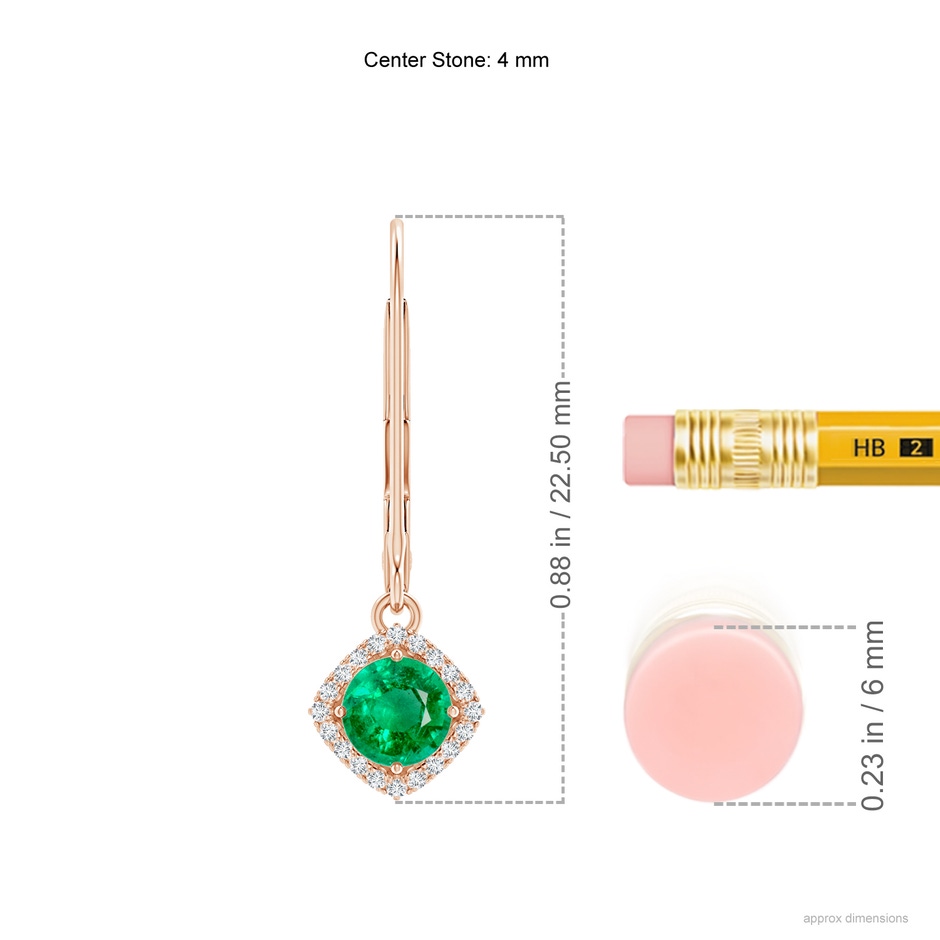 4mm AAA Vintage Inspired Round Emerald Halo Earrings with Filigree in Rose Gold ruler