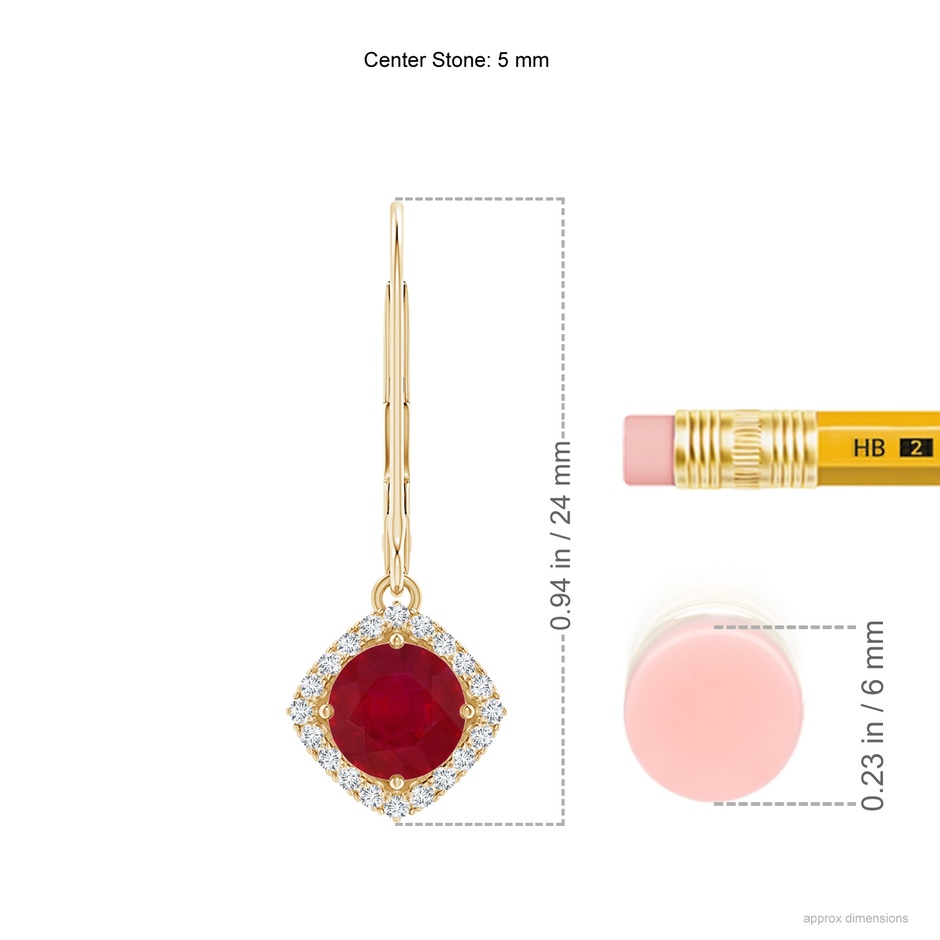 5mm AA Vintage Inspired Round Ruby Halo Earrings with Filigree in Yellow Gold ruler