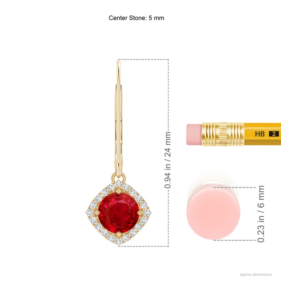 5mm AAA Vintage Inspired Round Ruby Halo Earrings with Filigree in Yellow Gold ruler
