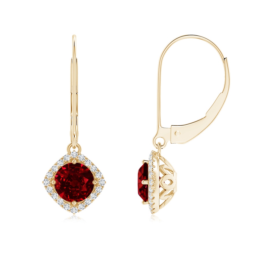 5mm AAAA Vintage Inspired Round Ruby Halo Earrings with Filigree in Yellow Gold 