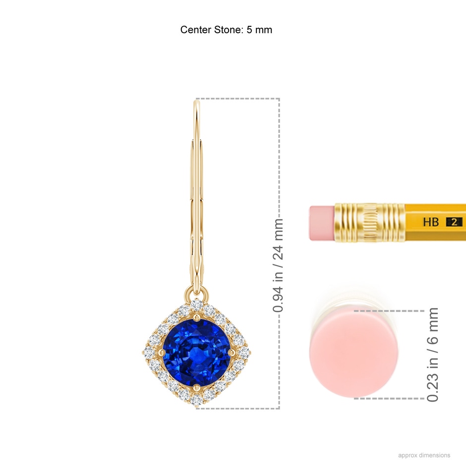 5mm Lab-Grown Vintage Inspired Round Sapphire Halo Earrings with Filigree in Yellow Gold ruler