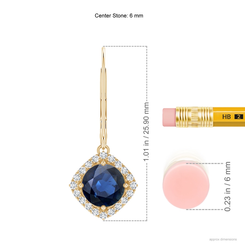6mm AA Vintage Inspired Round Sapphire Halo Earrings with Filigree in Yellow Gold ruler
