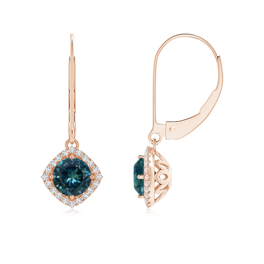 5mm AAA Vintage Inspired Teal Montana Sapphire Halo Earrings with Filigree in Rose Gold