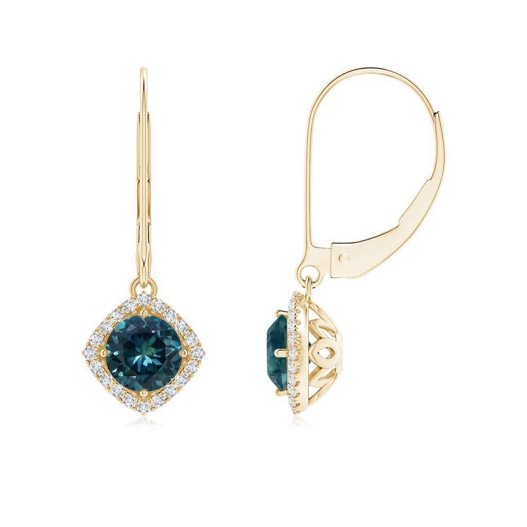 5mm AAA Vintage Inspired Teal Montana Sapphire Halo Earrings with Filigree in Yellow Gold