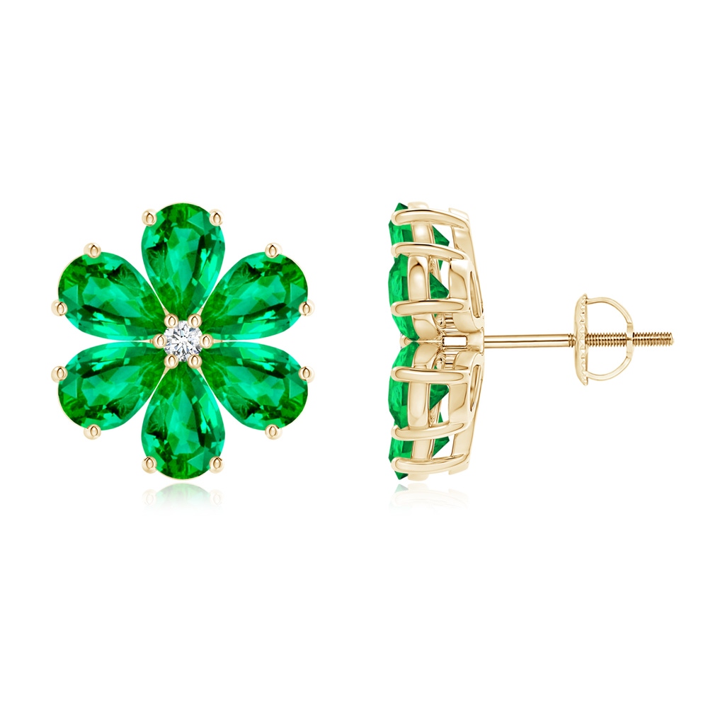 6x4mm AAA Nature Inspired Emerald & Diamond Flower Earrings in Yellow Gold