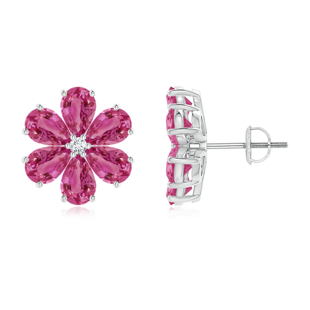 6x4mm AAAA Nature Inspired Pink Sapphire & Diamond Flower Earrings in White Gold