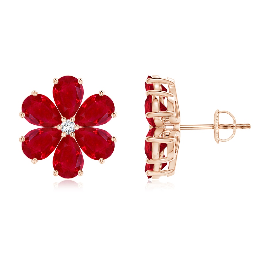 6x4mm AAA Nature Inspired Ruby & Diamond Flower Earrings in Rose Gold 