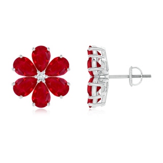 6x4mm AAA Nature Inspired Ruby & Diamond Flower Earrings in White Gold