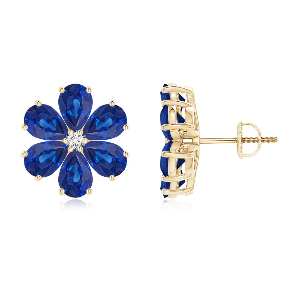 6x4mm AAA Nature Inspired Blue Sapphire & Diamond Flower Earrings in Yellow Gold