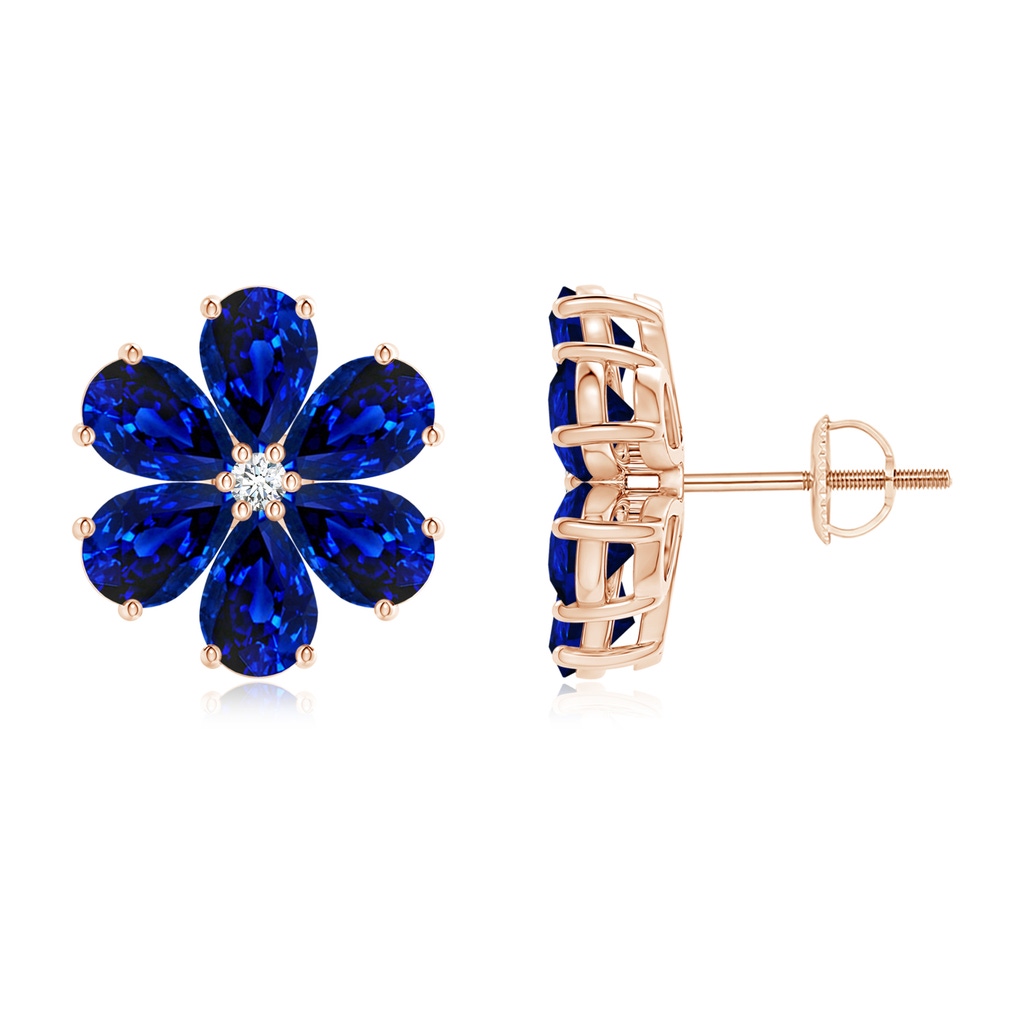 6x4mm AAAA Nature Inspired Blue Sapphire & Diamond Flower Earrings in Rose Gold
