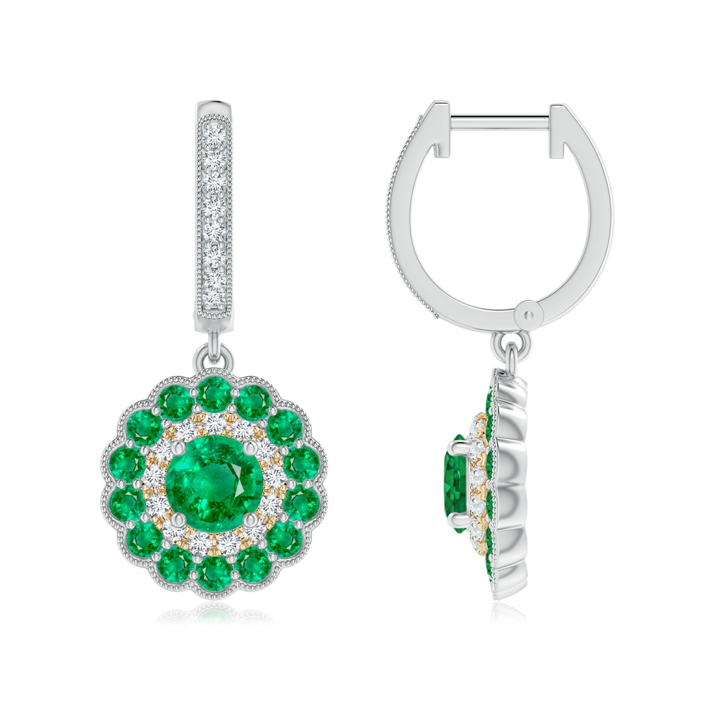 5mm AAA Round Emerald Two Tone Drop Earrings with Double Halo in White Gold Yellow Gold