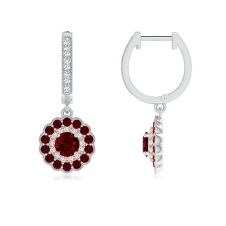 4mm AAAA Round Ruby Two Tone Drop Earrings with Double Halo in White Gold Rose Gold