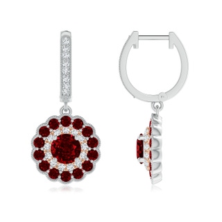 5mm AAAA Round Ruby Two Tone Drop Earrings with Double Halo in 10K White Gold 10K Rose Gold