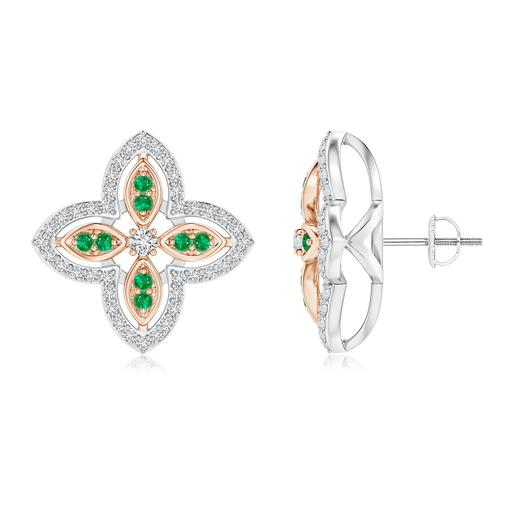 2mm HSI2 Diamond & Emerald Halo Two Tone Floral Earrings in White Gold Rose Gold