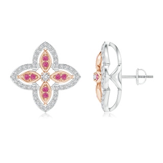 2mm HSI2 Diamond & Pink Sapphire Halo Two Tone Floral Earrings in White Gold Rose Gold