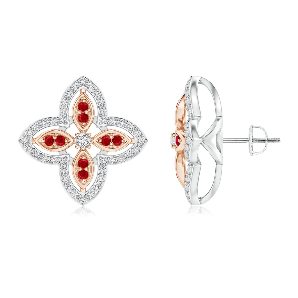 2mm HSI2 Diamond & Ruby Halo Two Tone Floral Earrings in White Gold Rose Gold