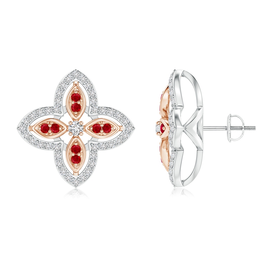 2mm HSI2 Diamond & Ruby Halo Two Tone Floral Earrings in White Gold Rose Gold 