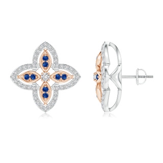 2mm HSI2 Diamond & Sapphire Halo Two Tone Floral Earrings in White Gold Rose Gold