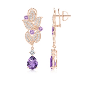 7x5mm A Pear and Round Amethyst Leaf Drop Earrings in 9K Rose Gold
