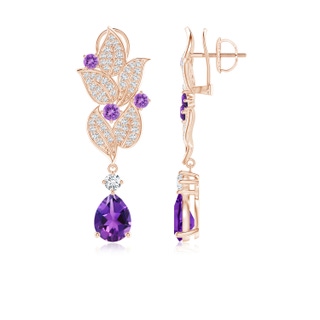 7x5mm AAAA Pear and Round Amethyst Leaf Drop Earrings in 9K Rose Gold