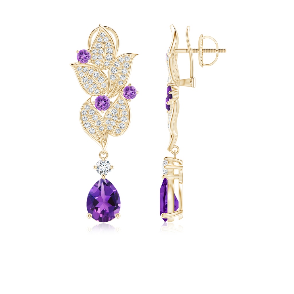 7x5mm AAAA Pear and Round Amethyst Leaf Drop Earrings in Yellow Gold