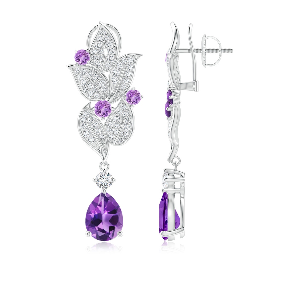 8x6mm AAA Pear and Round Amethyst Leaf Drop Earrings in White Gold