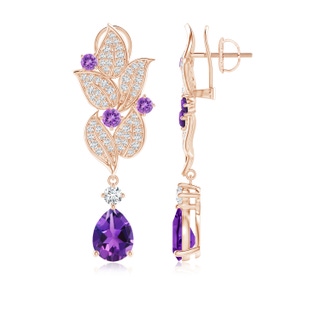 8x6mm AAAA Pear and Round Amethyst Leaf Drop Earrings in Rose Gold