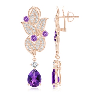 9x7mm AAAA Pear and Round Amethyst Leaf Drop Earrings in 9K Rose Gold