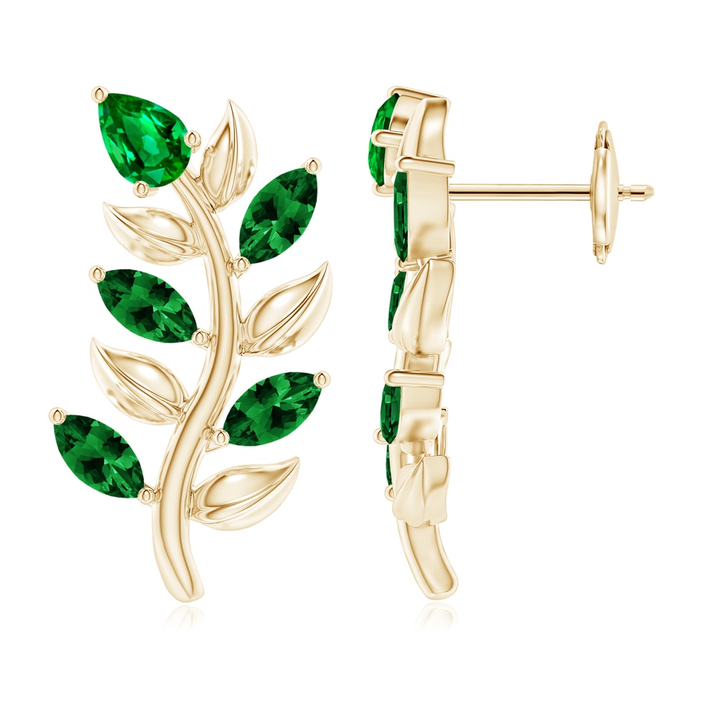 5x3mm AAAA Pear and Marquise Emerald Olive Branch Earrings in Yellow Gold