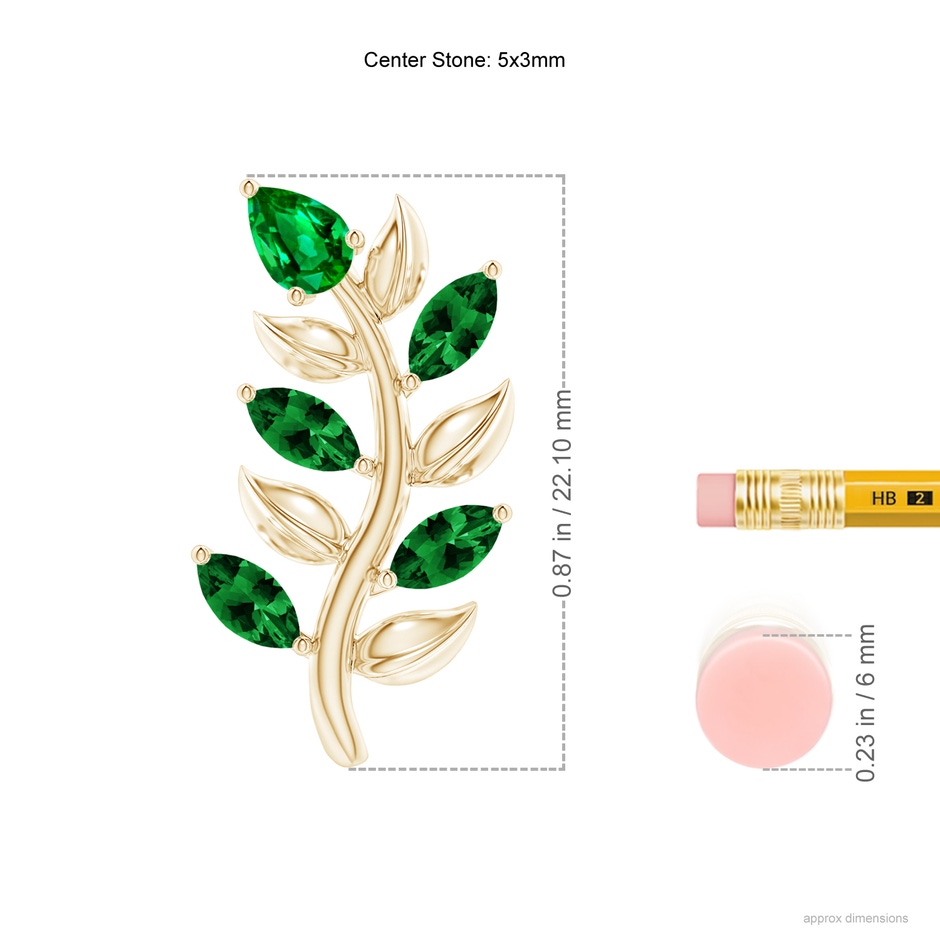 5x3mm AAAA Pear and Marquise Emerald Olive Branch Earrings in Yellow Gold ruler