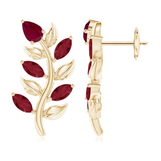 5x3mm A Pear and Marquise Ruby Olive Branch Earrings in 9K Yellow Gold