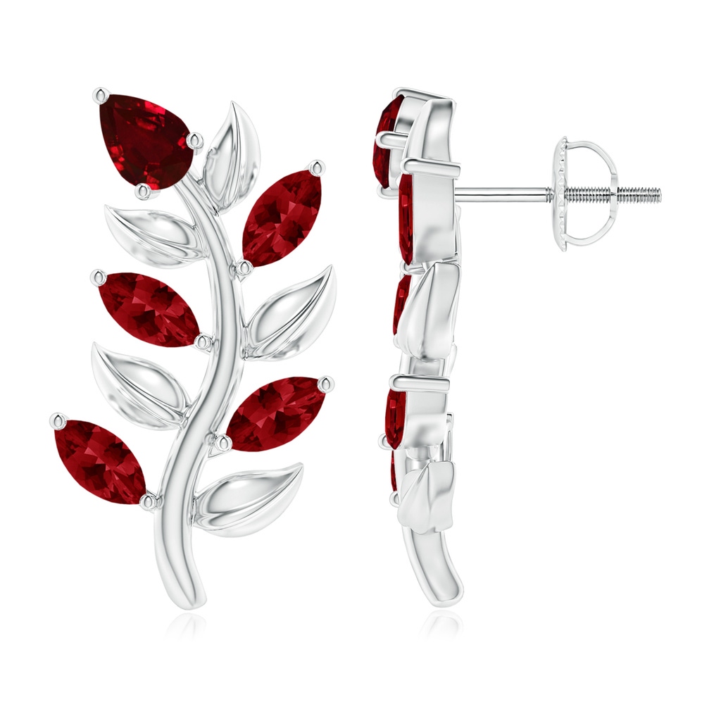 5x3mm AAAA Pear and Marquise Ruby Olive Branch Earrings in P950 Platinum
