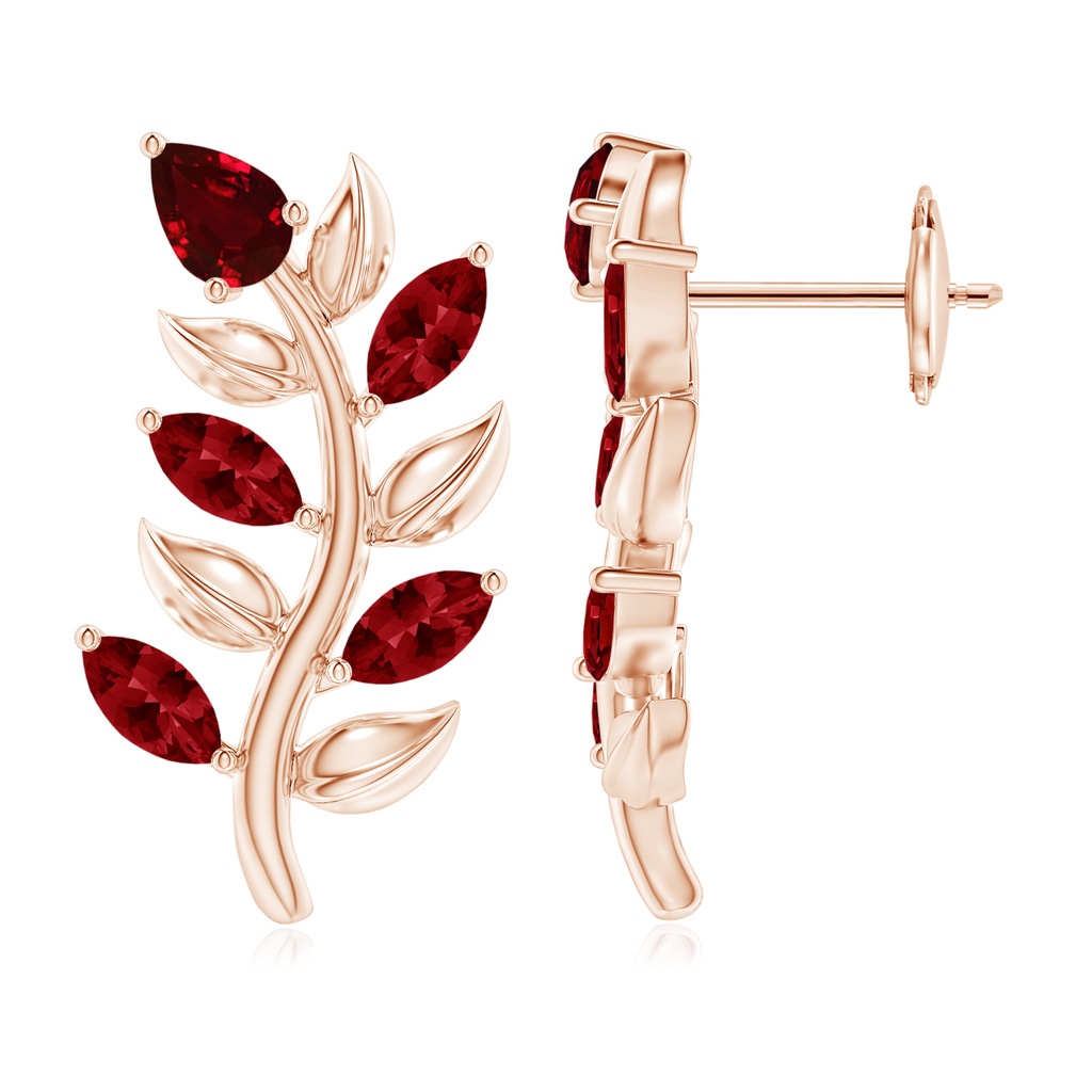 5x3mm AAAA Pear and Marquise Ruby Olive Branch Earrings in Rose Gold