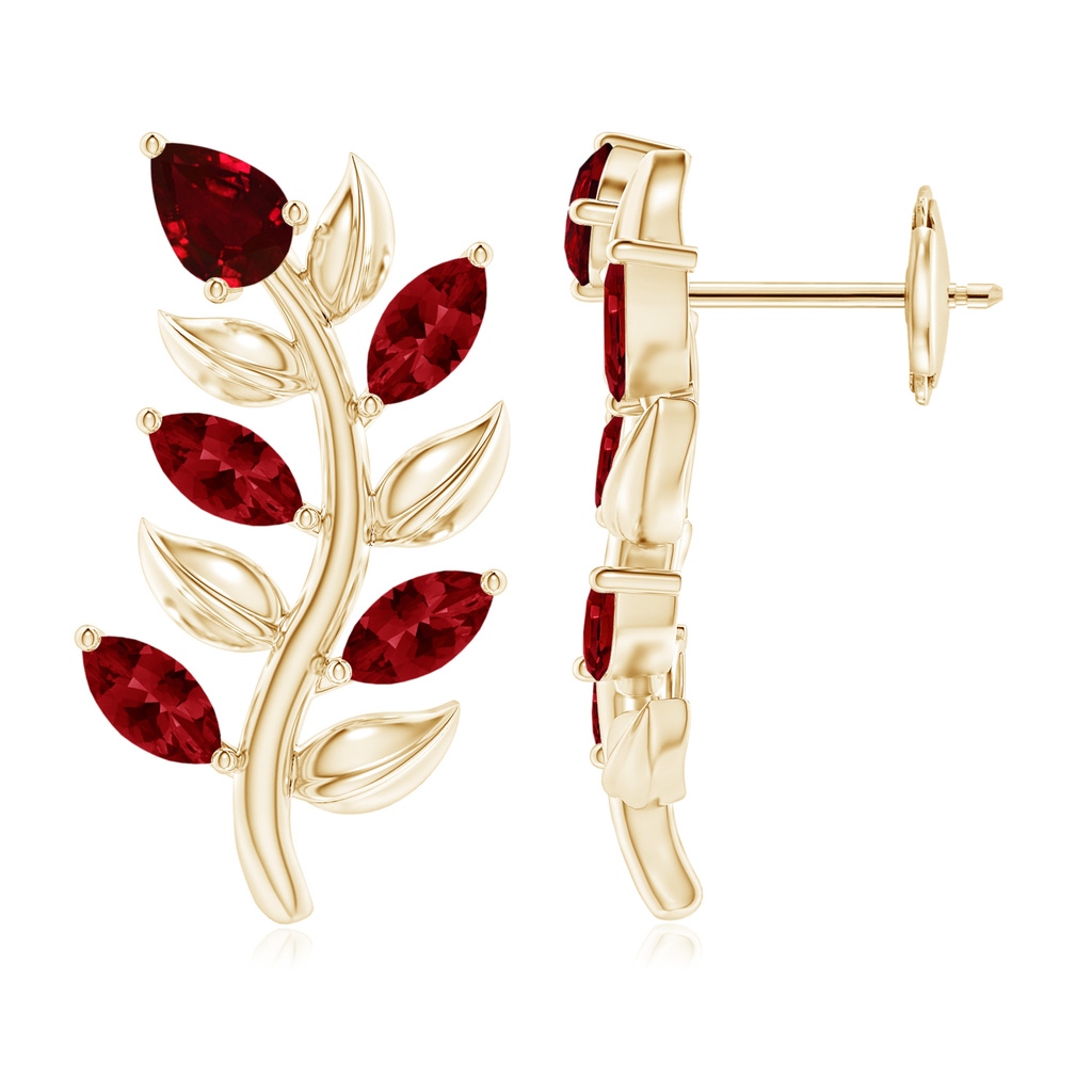 5x3mm AAAA Pear and Marquise Ruby Olive Branch Earrings in Yellow Gold