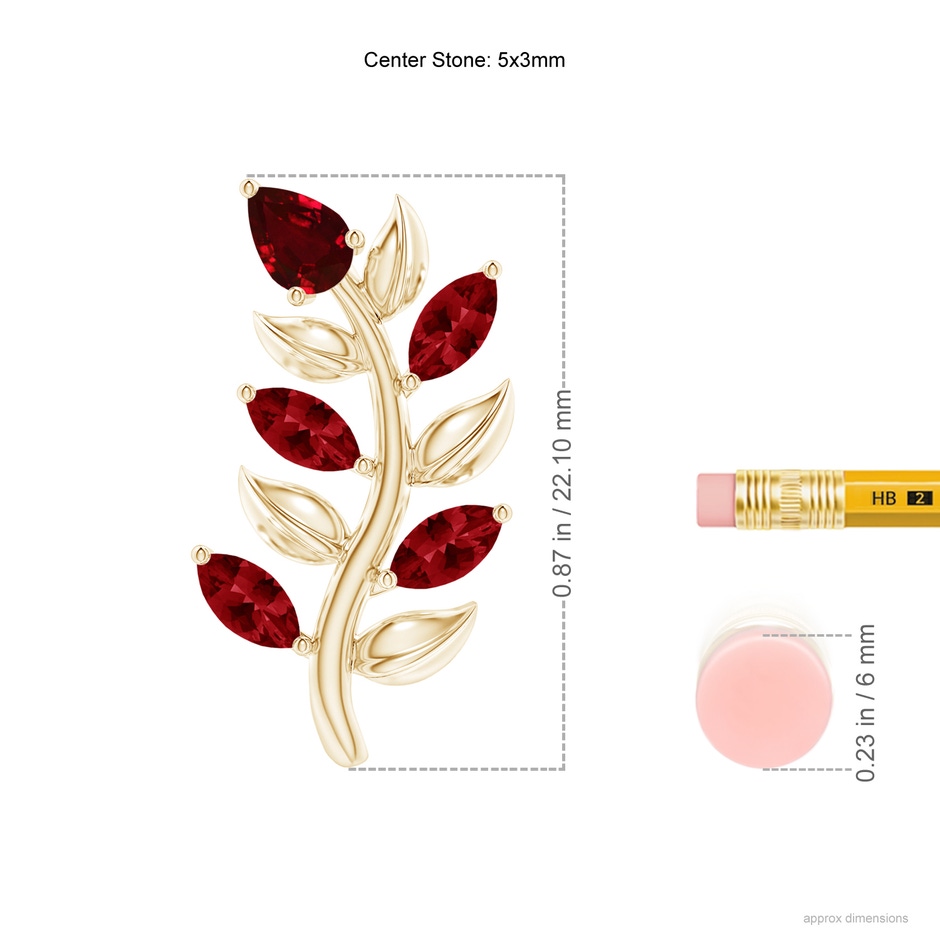 5x3mm AAAA Pear and Marquise Ruby Olive Branch Earrings in Yellow Gold ruler