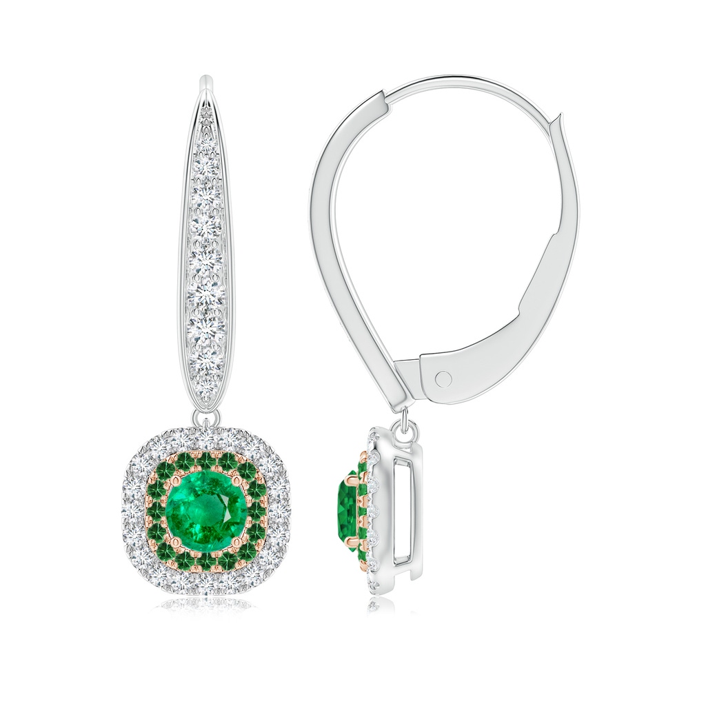 4mm AAA Double Halo Emerald Leverback Earrings in Two Tone Gold in White Gold Rose Gold