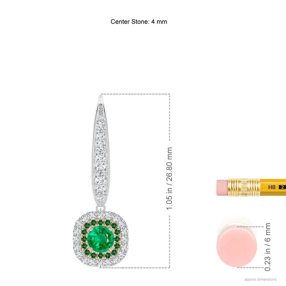 4mm AAA Double Halo Emerald Leverback Earrings in Two Tone Gold in White Gold Rose Gold ruler