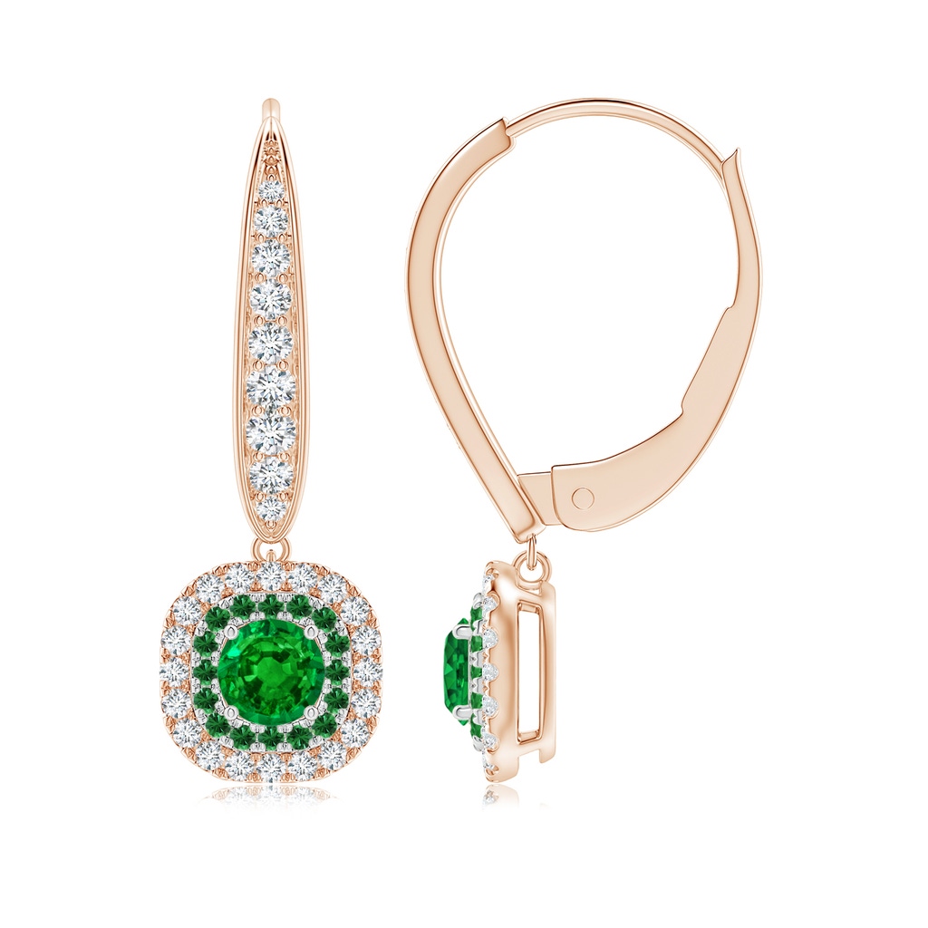 4mm AAAA Double Halo Emerald Leverback Earrings in Two Tone Gold in Rose Gold White Gold