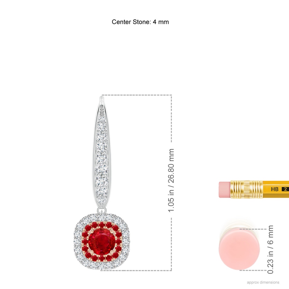 4mm AAA Double Halo Ruby Leverback Earrings in Two Tone Gold in White Gold Rose Gold ruler