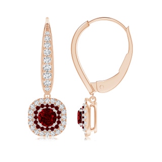 4mm AAAA Double Halo Ruby Leverback Earrings in Two Tone Gold in Rose Gold White Gold