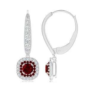 4mm AAAA Double Halo Ruby Leverback Earrings in Two Tone Gold in White Gold