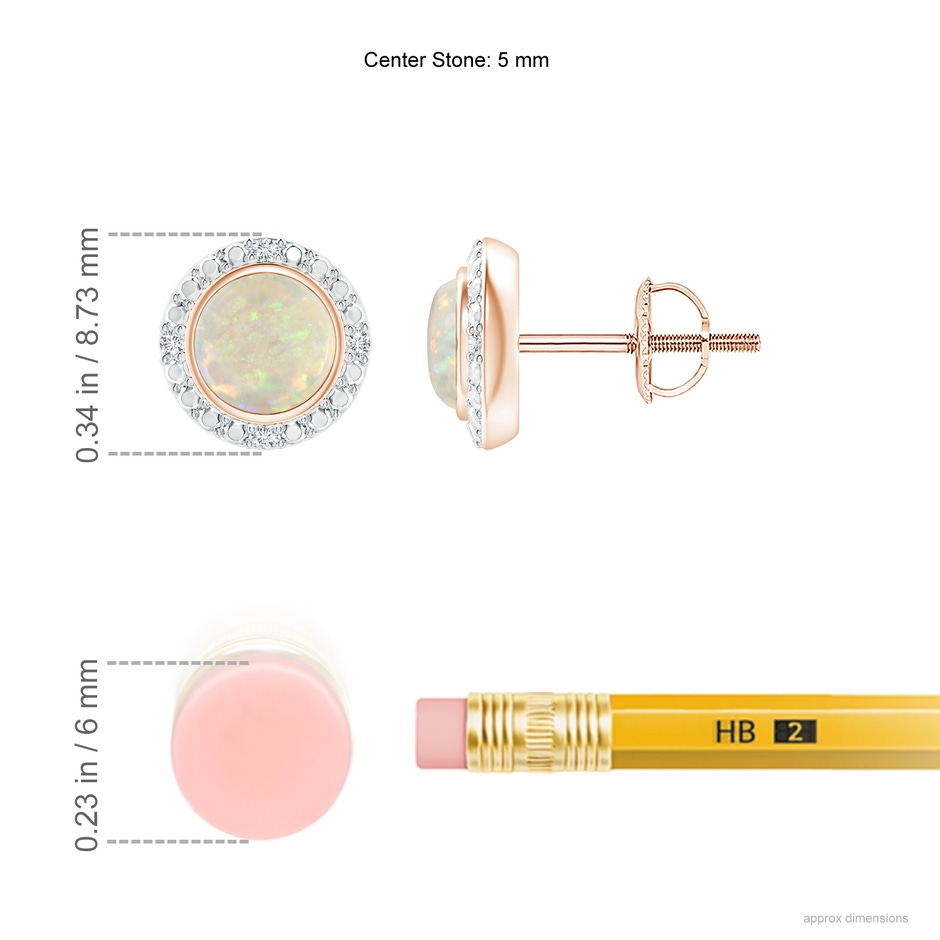5mm AAA Bezel-Set Round Opal Earrings with Beaded Halo in Rose Gold ruler